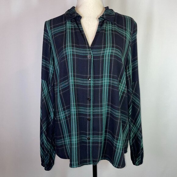 CAbi Tops - CAbi Big Sur Plaid Shirt Size L Style 3769 Black Green Collared Button Down
